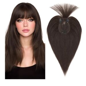 Human Hair Topper w/ Bangs 12” Dark Brown Remy Clip-In Lace Base Volume